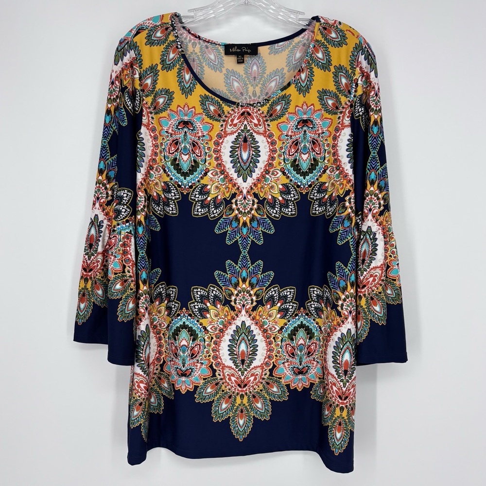 Melissa Paige Geometric Top X-Large Navy Multicolor Fall Winter Boho Scoop